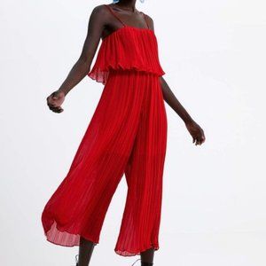 Zara Red Pleated Wide Leg Jumpsuit